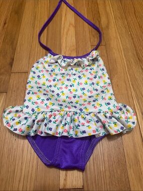 Girls Floral Ruffle Halter One-Piece Swimsuit in Purple and White